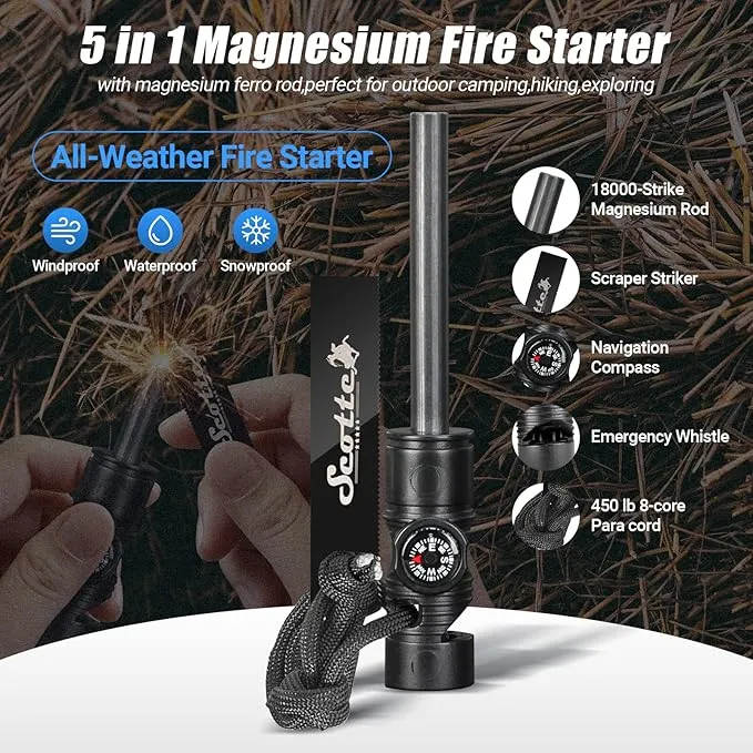Scotte Plasma Windproof arc Lighter Electric Lighter and LED Flashlight - 2 in 1 (Black)/5-in-1 Magnesium Fire Starter for Emergency Survival Kits, Camping, Hiking, All-Weather Magnesium Ferro Rod