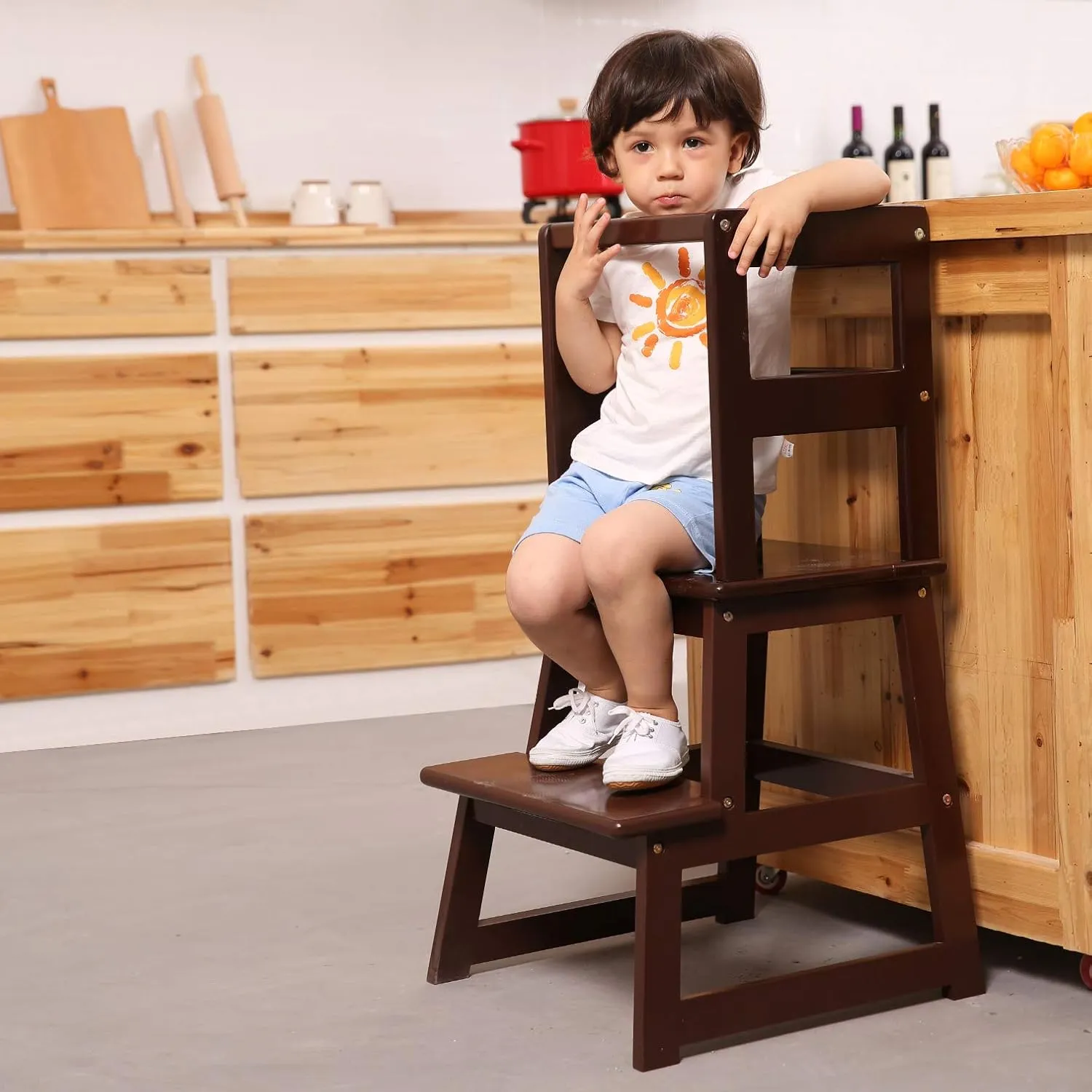 SDADI Kitchen Step Stool, Mother's Helper Step Stool, Wooden Standing Tower for Kids 1-3 with Safety Rail for Kitchen and Bathroom, Anti-Tip,Stable, Espresso