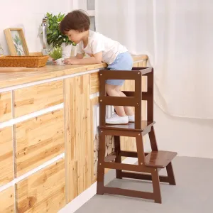 SDADI Kitchen Step Stool, Mother's Helper Step Stool, Wooden Standing Tower for Kids 1-3 with Safety Rail for Kitchen and Bathroom, Anti-Tip,Stable, Espresso