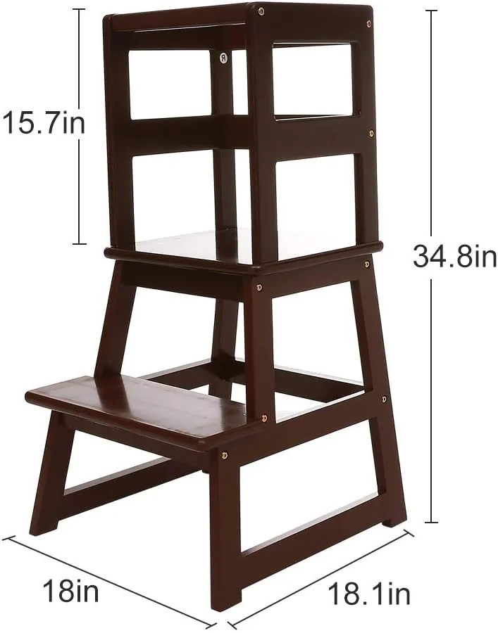 SDADI Kitchen Step Stool, Mother's Helper Step Stool, Wooden Standing Tower for Kids 1-3 with Safety Rail for Kitchen and Bathroom, Anti-Tip,Stable, Espresso