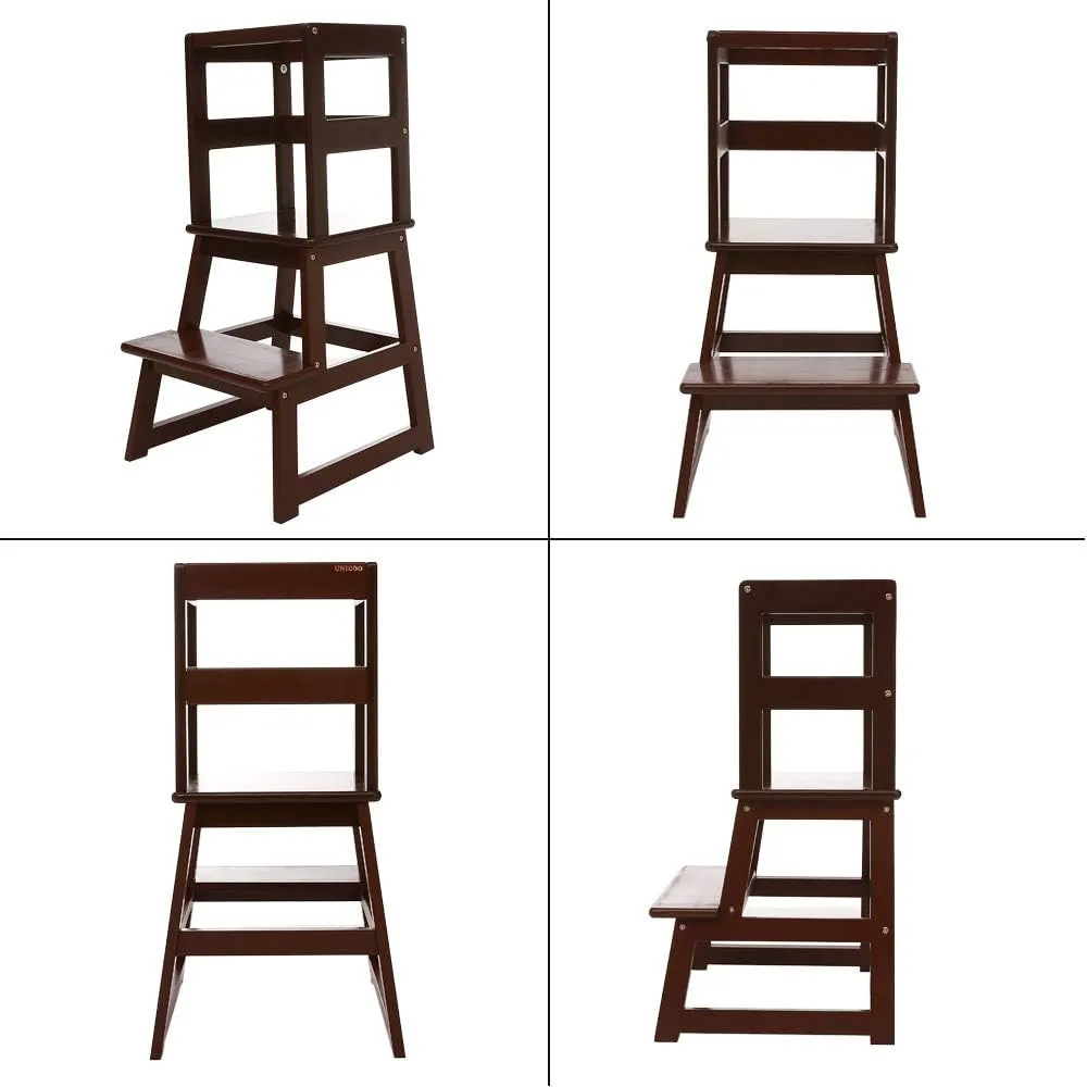 SDADI Kitchen Step Stool, Mother's Helper Step Stool, Wooden Standing Tower for Kids 1-3 with Safety Rail for Kitchen and Bathroom, Anti-Tip,Stable, Espresso