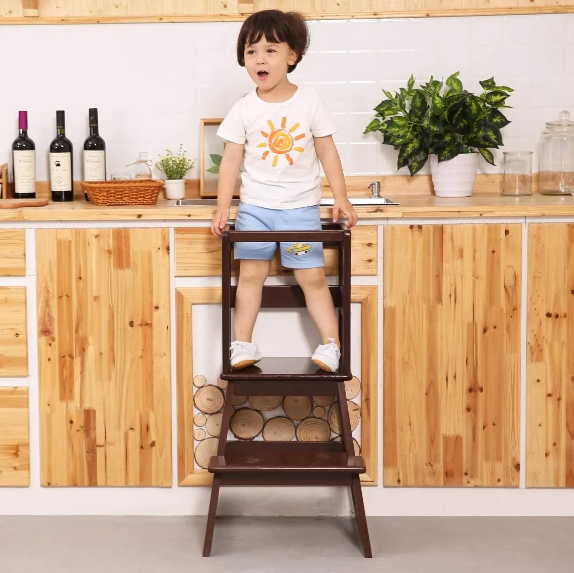 SDADI Kitchen Step Stool, Mother's Helper Step Stool, Wooden Standing Tower for Kids 1-3 with Safety Rail for Kitchen and Bathroom, Anti-Tip,Stable, Espresso