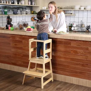 SDADI Kitchen Step Stool, Wooden Step Stool for Kids 1-3 with Safety Rail for Kitchen and Bathroom, Anti-Tip,Stable, Natural