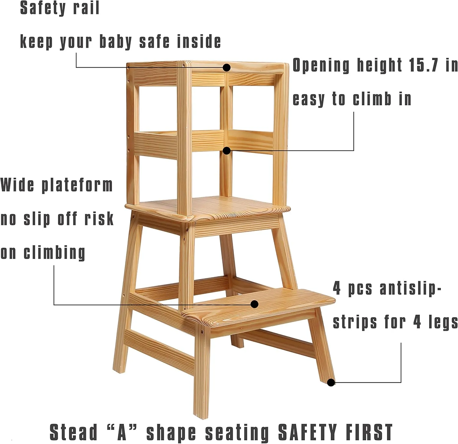 SDADI Kitchen Step Stool, Wooden Step Stool for Kids 1-3 with Safety Rail for Kitchen and Bathroom, Anti-Tip,Stable, Natural