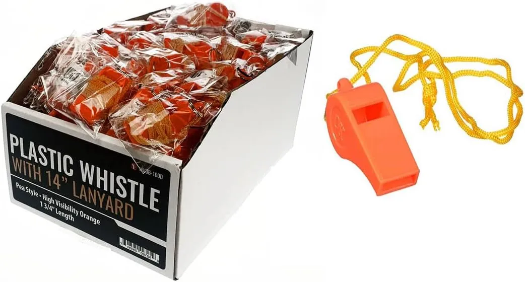 SE Orange Plastic Whistles with 14" Lanyards (100 PC.) - WH3-B-100