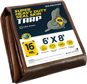 Seal Skin Covers Heavy Duty Waterproof Tarp 6x8 FT, 16 Mil 8 OZ 160 GSM Thick Brown Poly Tarp with Rustproof Grommets, Tear-Proof Cover with Reinforced Edges for Camping, Pool, Canopy Use