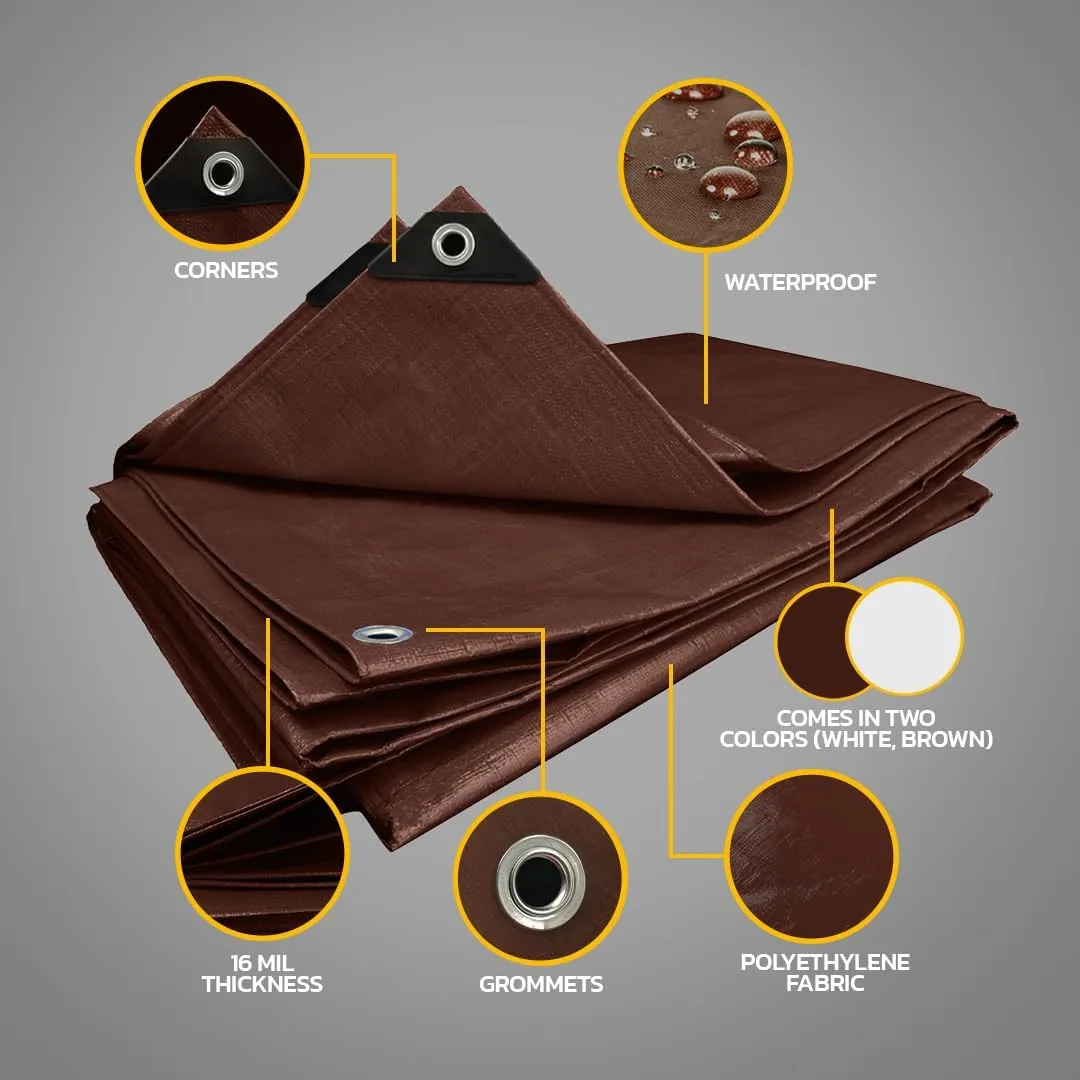 Seal Skin Covers Heavy Duty Waterproof Tarp 6x8 FT, 16 Mil 8 OZ 160 GSM Thick Brown Poly Tarp with Rustproof Grommets, Tear-Proof Cover with Reinforced Edges for Camping, Pool, Canopy Use