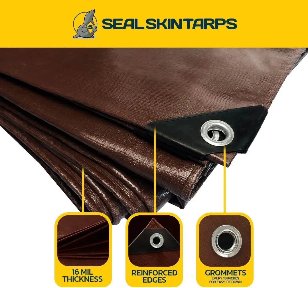 Seal Skin Covers Heavy Duty Waterproof Tarp 6x8 FT, 16 Mil 8 OZ 160 GSM Thick Brown Poly Tarp with Rustproof Grommets, Tear-Proof Cover with Reinforced Edges for Camping, Pool, Canopy Use
