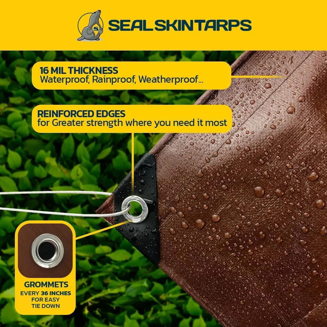 Seal Skin Covers Heavy Duty Waterproof Tarp 6x8 FT, 16 Mil 8 OZ 160 GSM Thick Brown Poly Tarp with Rustproof Grommets, Tear-Proof Cover with Reinforced Edges for Camping, Pool, Canopy Use