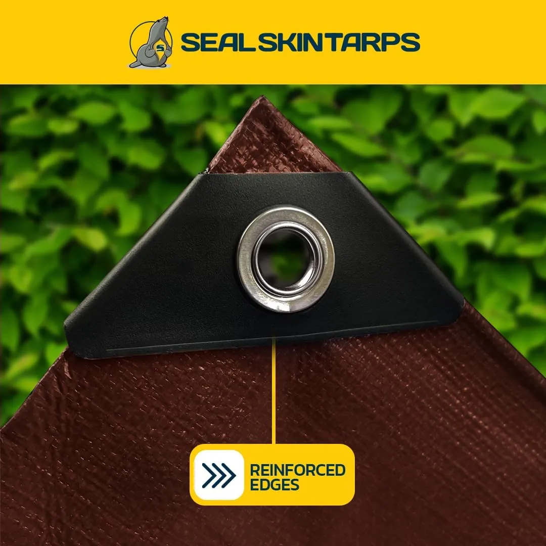 Seal Skin Covers Heavy Duty Waterproof Tarp 6x8 FT, 16 Mil 8 OZ 160 GSM Thick Brown Poly Tarp with Rustproof Grommets, Tear-Proof Cover with Reinforced Edges for Camping, Pool, Canopy Use
