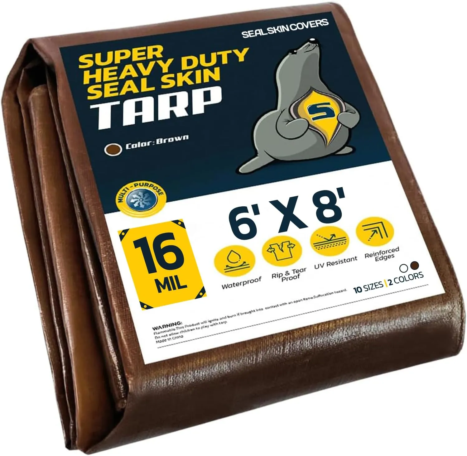 Seal Skin Covers Heavy Duty Waterproof Tarp 6x8 FT, 16 Mil 8 OZ 160 GSM Thick Brown Poly Tarp with Rustproof Grommets, Tear-Proof Cover with Reinforced Edges for Camping, Pool, Canopy Use