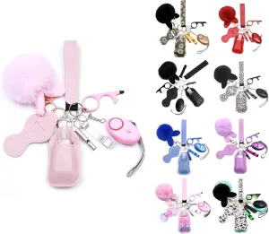 SEDLAV 10 PCS Women's Self Defense Safety Keychain Set - Baton Defense Stick Retractable - Personal Alarm, Emergency Whistle, No Touch, Lipstick Holder, Pom Pom Ball, 30ml Travel Bottle
