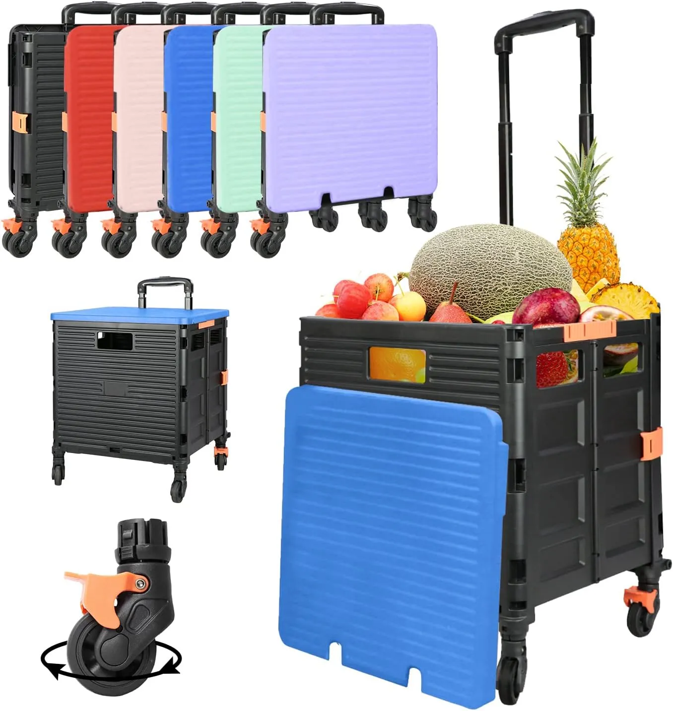SELORSS Foldable Utility Cart Collapsible Crate Rolling Carts Handcart Trolley Tool Box Basket 4 360°Noiseless Wheels Lid Telescoping Handle for Shop Grocery Luggage Move Office School Teacher (Blue)