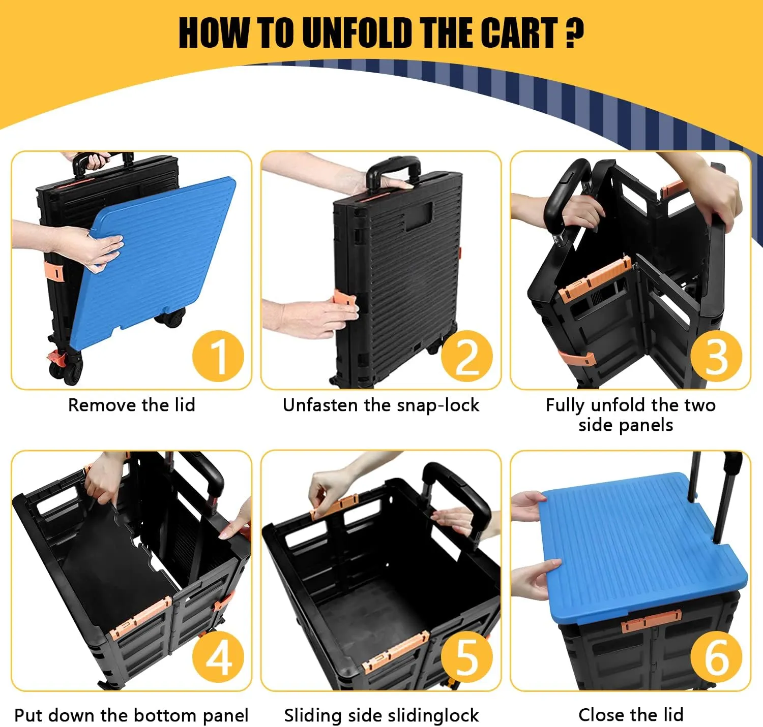 SELORSS Foldable Utility Cart Collapsible Crate Rolling Carts Handcart Trolley Tool Box Basket 4 360°Noiseless Wheels Lid Telescoping Handle for Shop Grocery Luggage Move Office School Teacher (Blue)