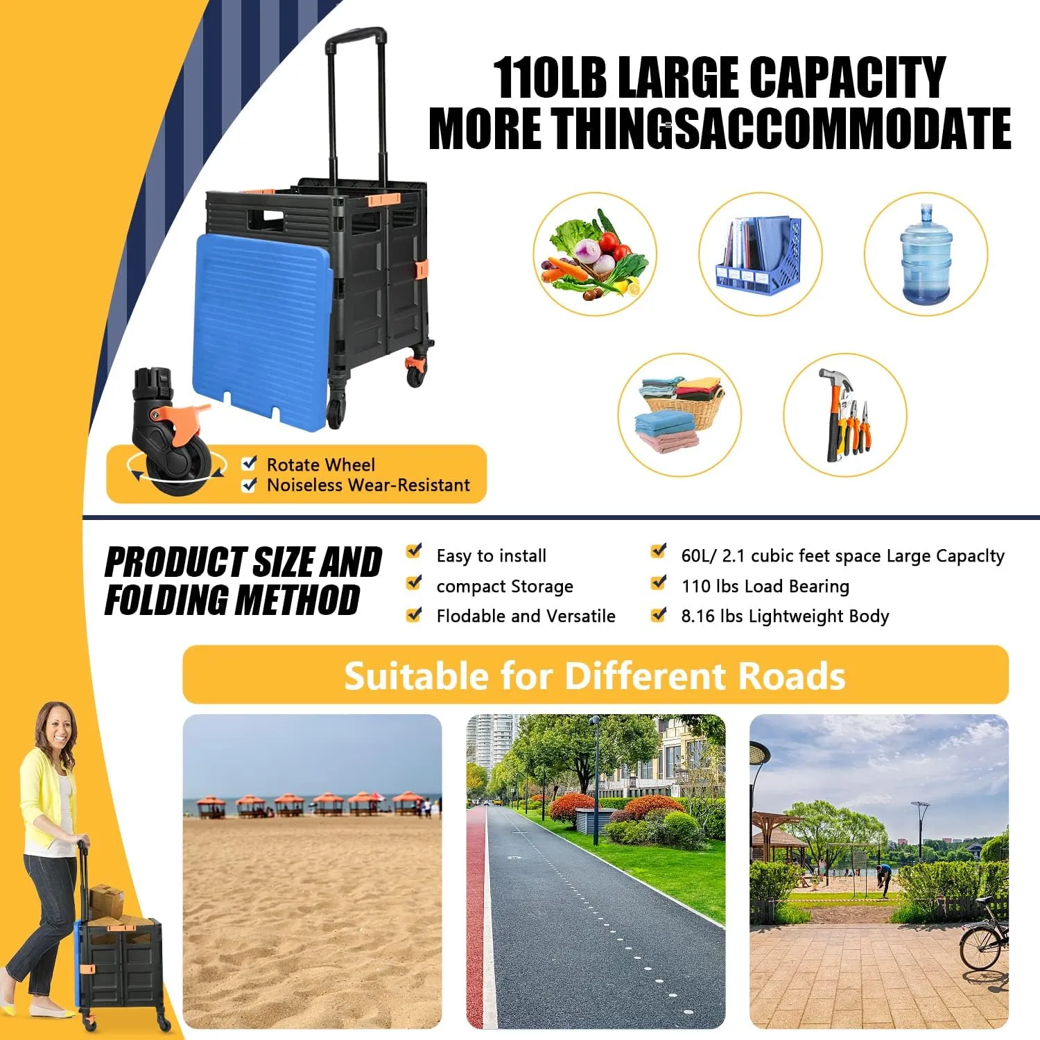 SELORSS Foldable Utility Cart Collapsible Crate Rolling Carts Handcart Trolley Tool Box Basket 4 360°Noiseless Wheels Lid Telescoping Handle for Shop Grocery Luggage Move Office School Teacher (Blue)