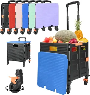 SELORSS Foldable Utility Cart Collapsible Crate Rolling Carts Handcart Trolley Tool Box Basket 4 360°Noiseless Wheels Lid Telescoping Handle for Shop Grocery Luggage Move Office School Teacher (Blue)