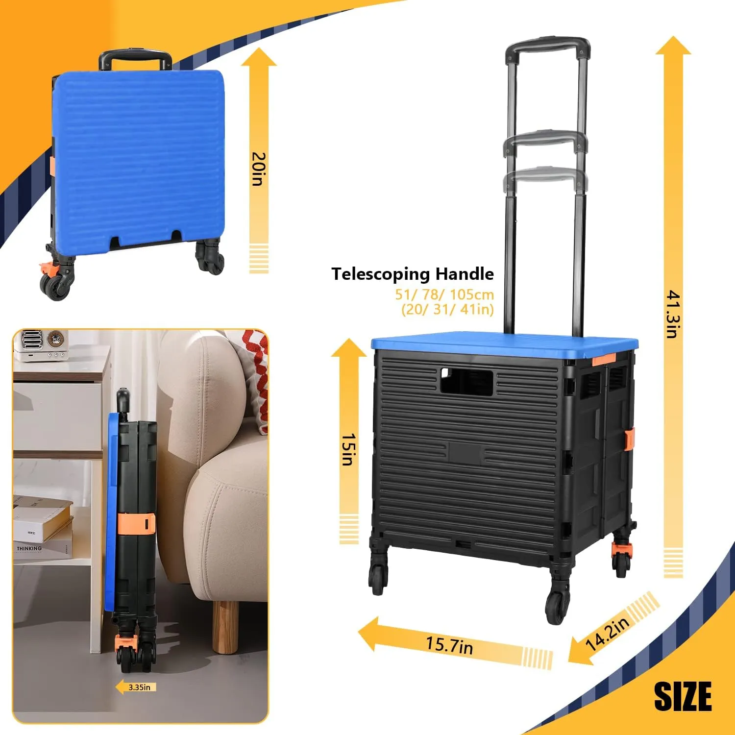 SELORSS Foldable Utility Cart Collapsible Crate Rolling Carts Handcart Trolley Tool Box Basket 4 360°Noiseless Wheels Lid Telescoping Handle for Shop Grocery Luggage Move Office School Teacher (Blue)