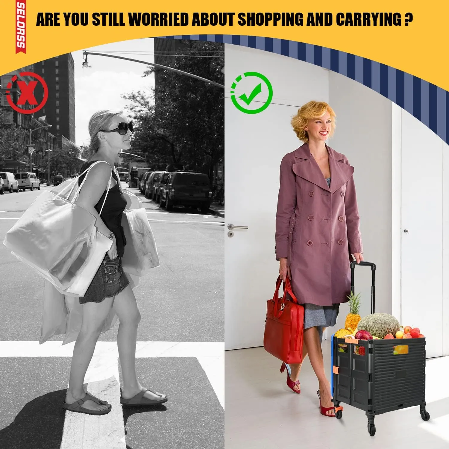 SELORSS Foldable Utility Cart Collapsible Crate Rolling Carts Handcart Trolley Tool Box Basket 4 360°Noiseless Wheels Lid Telescoping Handle for Shop Grocery Luggage Move Office School Teacher (Blue)