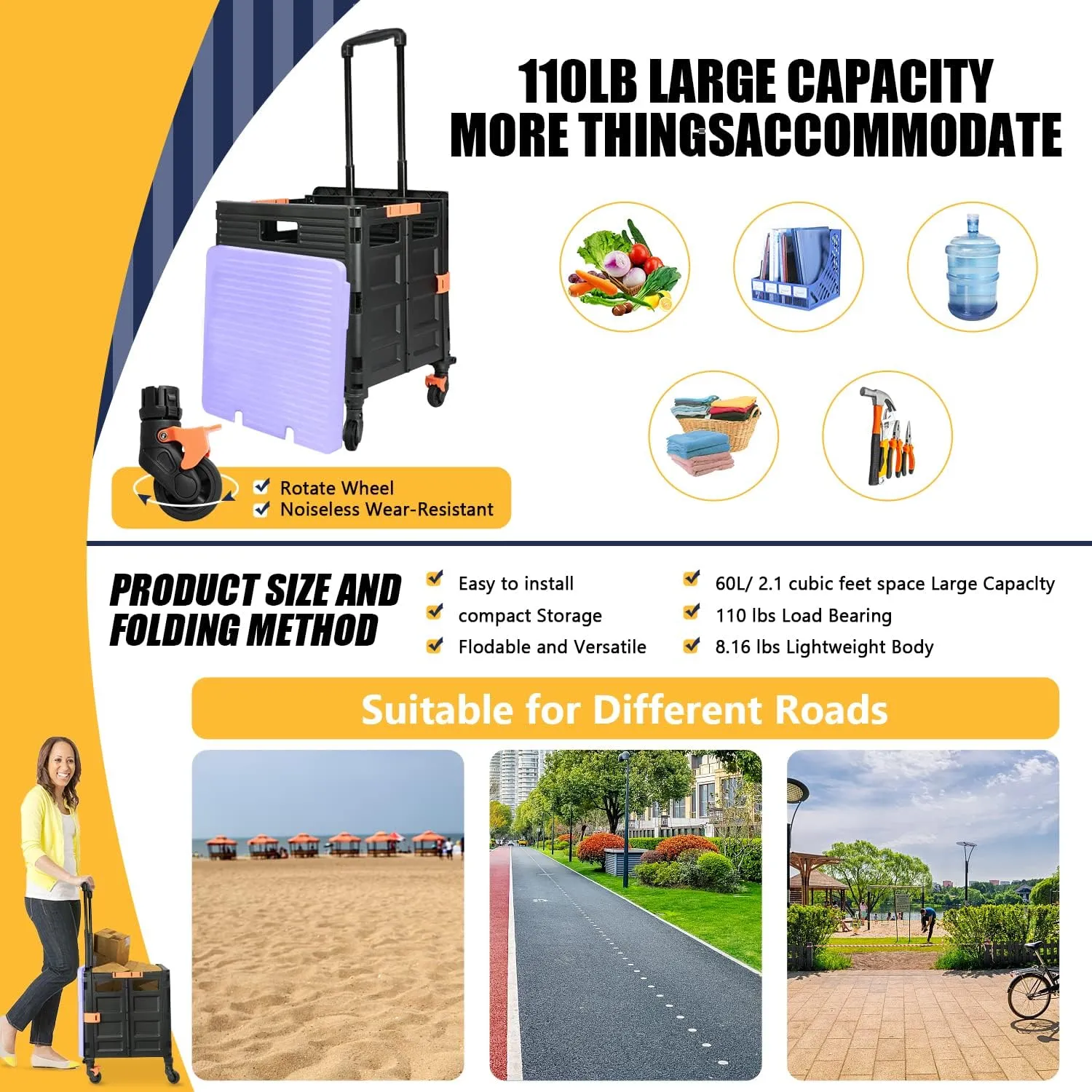 SELORSS Foldable Utility Cart Portable Rolling Crate Handcart Shopping Trolley Collapsible Tool Box with Rotate Wheels Durable Duty Plastic Telescoping Handle Lid for Travel Move Office School(Purple)