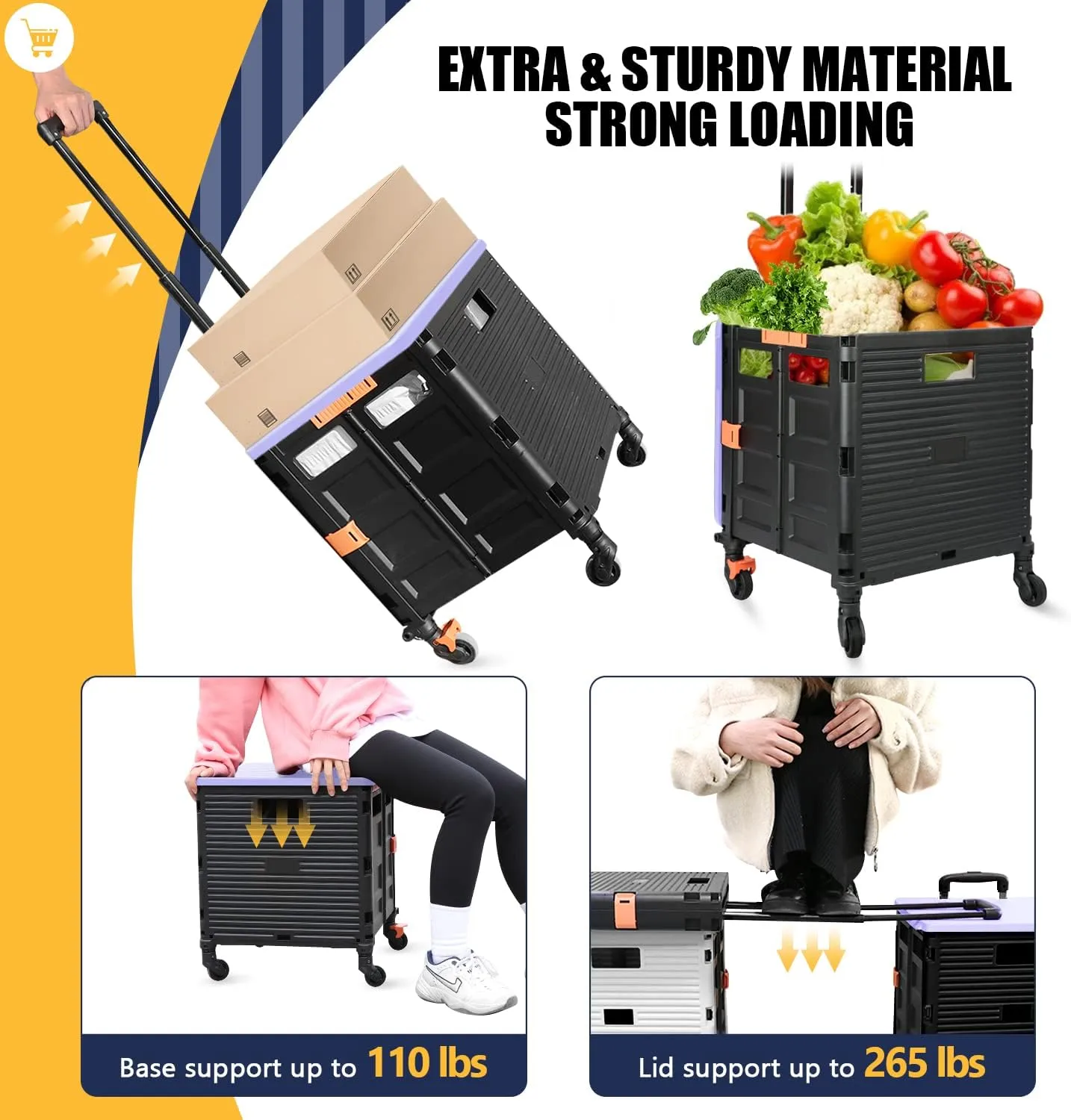 SELORSS Foldable Utility Cart Portable Rolling Crate Handcart Shopping Trolley Collapsible Tool Box with Rotate Wheels Durable Duty Plastic Telescoping Handle Lid for Travel Move Office School(Purple)