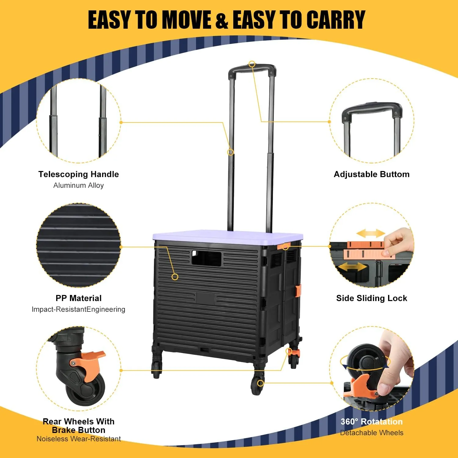 SELORSS Foldable Utility Cart Portable Rolling Crate Handcart Shopping Trolley Collapsible Tool Box with Rotate Wheels Durable Duty Plastic Telescoping Handle Lid for Travel Move Office School(Purple)
