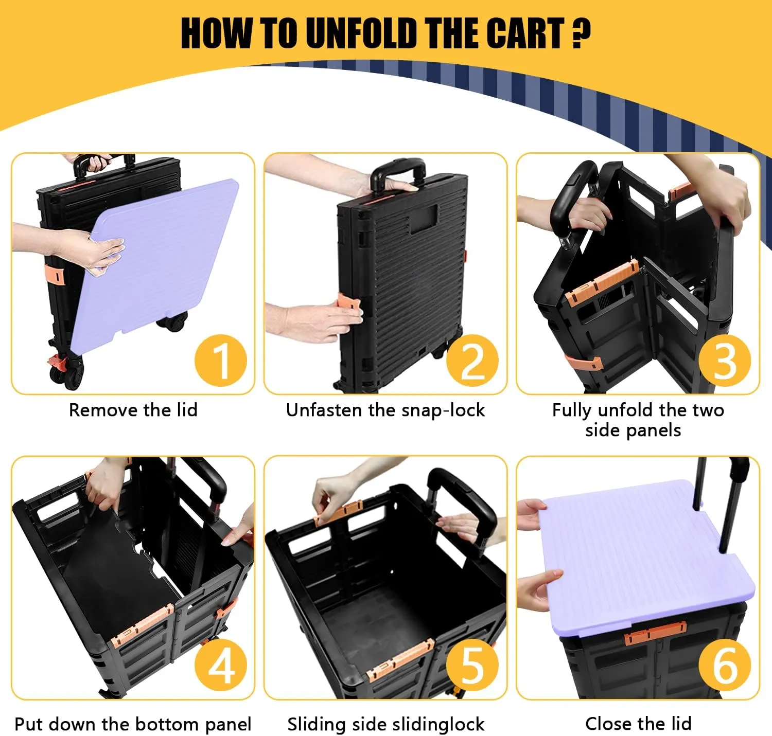 SELORSS Foldable Utility Cart Portable Rolling Crate Handcart Shopping Trolley Collapsible Tool Box with Rotate Wheels Durable Duty Plastic Telescoping Handle Lid for Travel Move Office School(Purple)