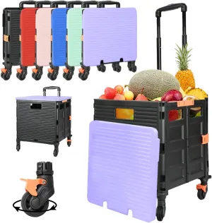 SELORSS Foldable Utility Cart Portable Rolling Crate Handcart Shopping Trolley Collapsible Tool Box with Rotate Wheels Durable Duty Plastic Telescoping Handle Lid for Travel Move Office School(Purple)