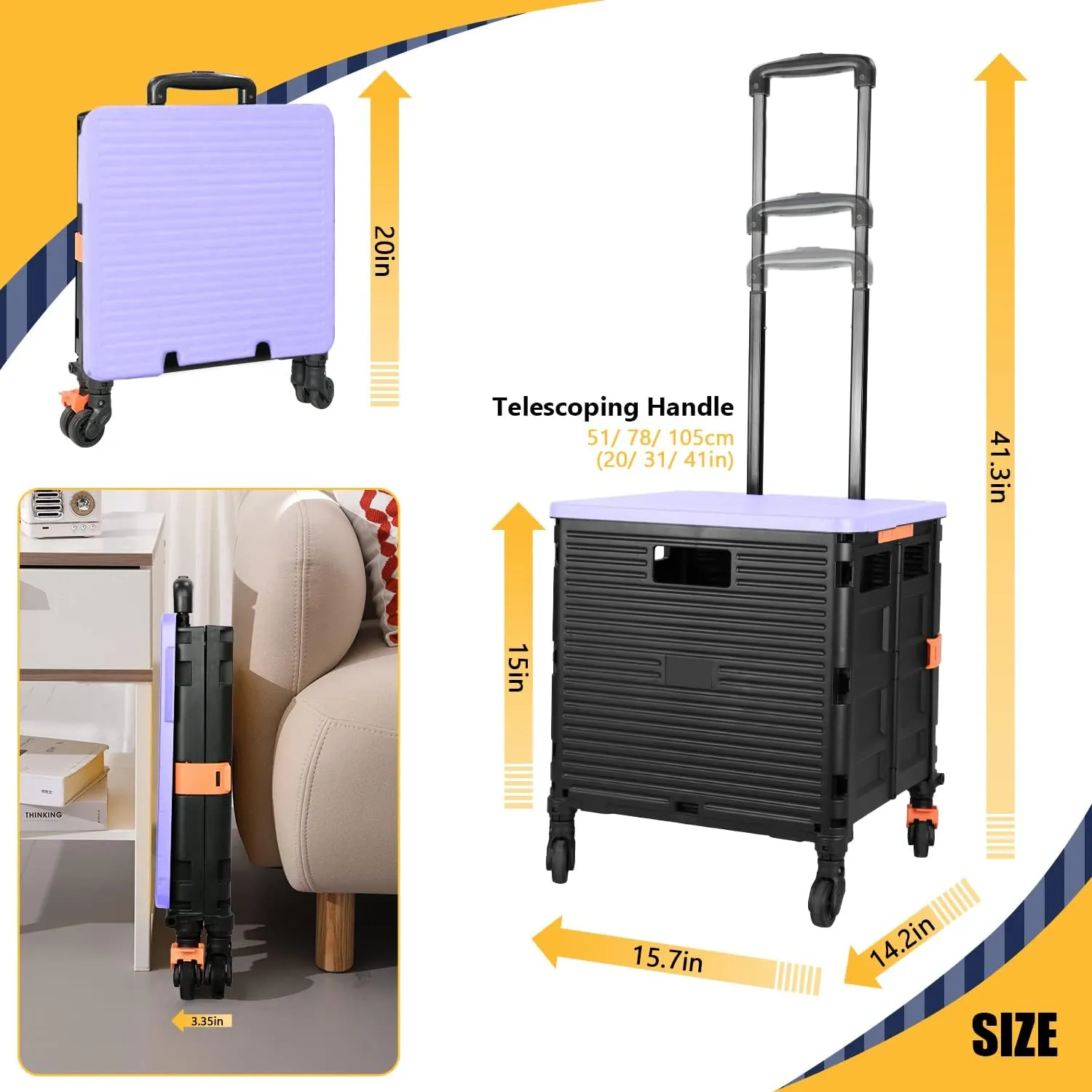 SELORSS Foldable Utility Cart Portable Rolling Crate Handcart Shopping Trolley Collapsible Tool Box with Rotate Wheels Durable Duty Plastic Telescoping Handle Lid for Travel Move Office School(Purple)