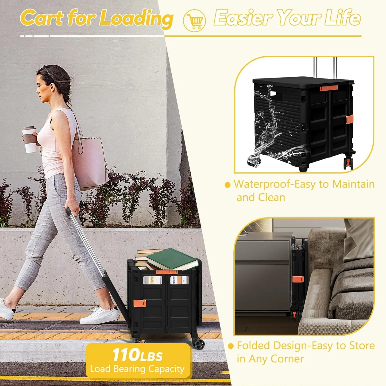 SELORSS Foldable Utility Cart Rolling Crate Handcart Shopping Cart with Rotate Wheels Extended Magnetic Lid Telescoping Handle Adjustable Angle for Transports Groceries Office Teacher File(Black)