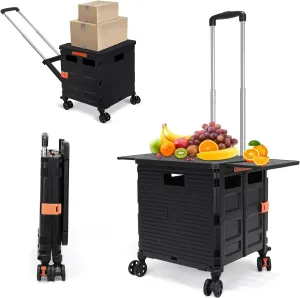SELORSS Foldable Utility Cart Rolling Crate Handcart Shopping Cart with Rotate Wheels Extended Magnetic Lid Telescoping Handle Adjustable Angle for Transports Groceries Office Teacher File(Black)