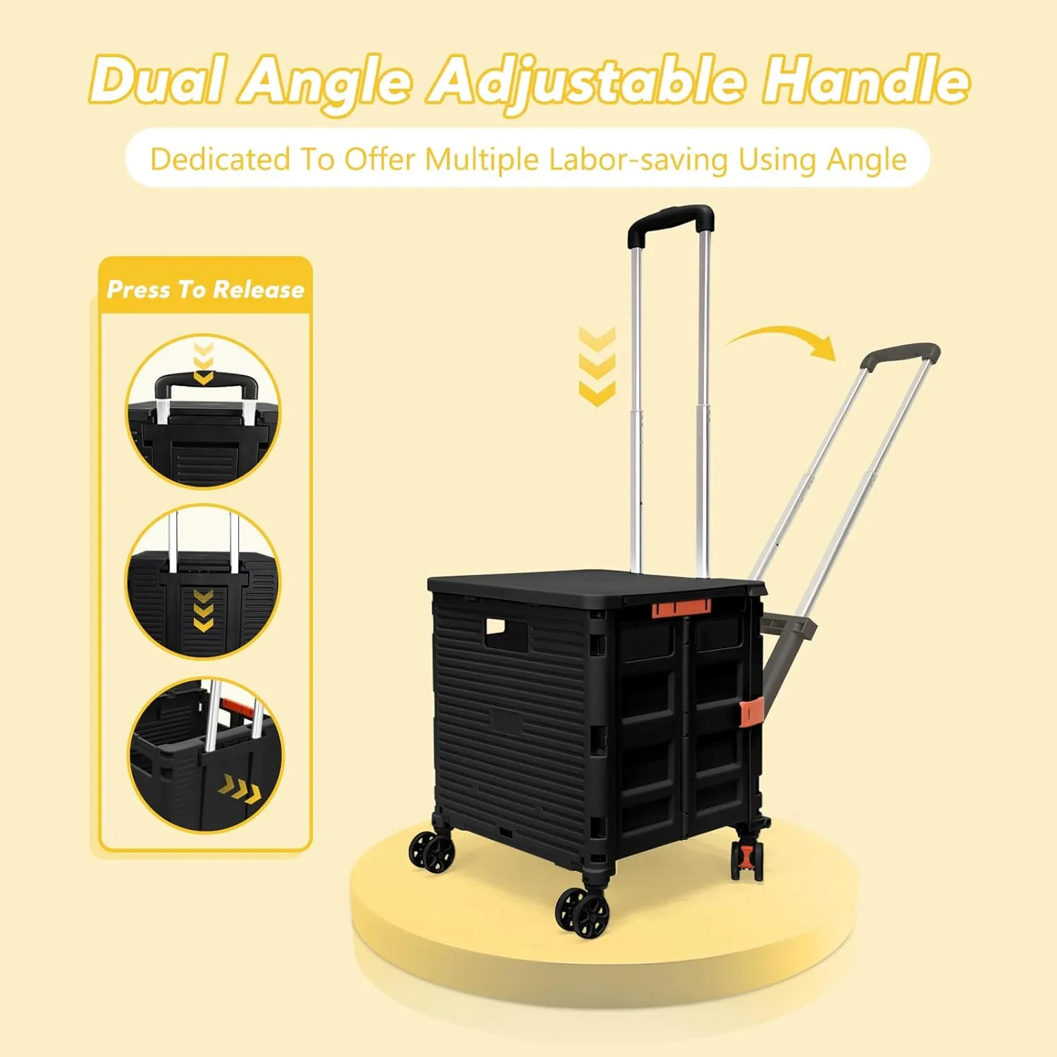 SELORSS Foldable Utility Cart Rolling Crate Handcart Shopping Cart with Rotate Wheels Extended Magnetic Lid Telescoping Handle Adjustable Angle for Transports Groceries Office Teacher File(Black)