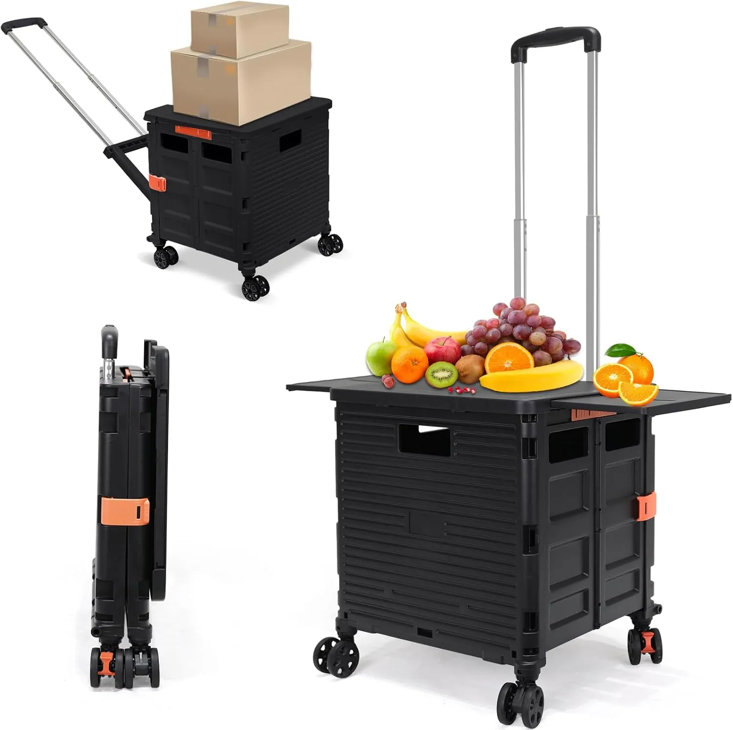 SELORSS Foldable Utility Cart Rolling Crate Handcart Shopping Cart with Rotate Wheels Extended Magnetic Lid Telescoping Handle Adjustable Angle for Transports Groceries Office Teacher File(Black)