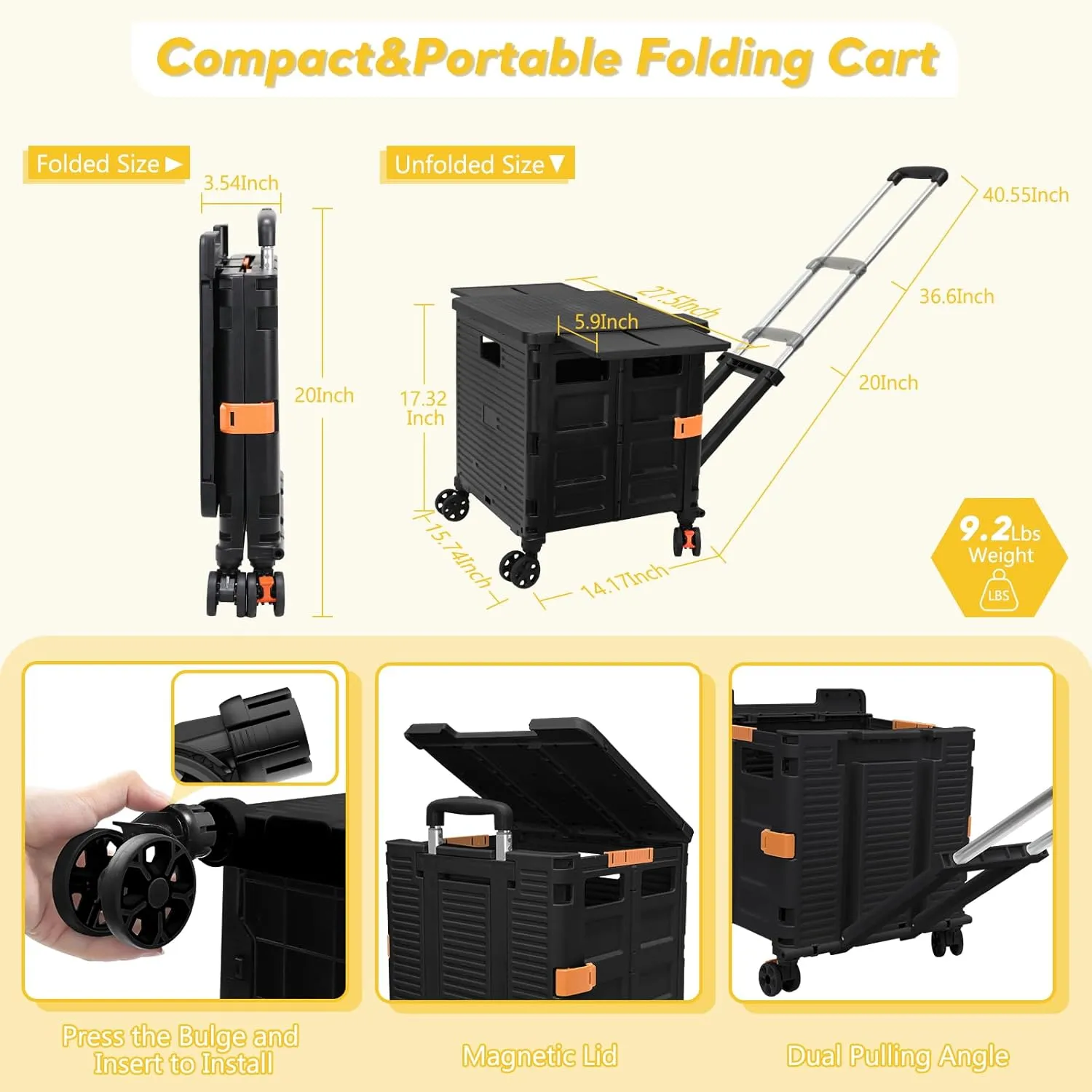 SELORSS Foldable Utility Cart Rolling Crate Handcart Shopping Cart with Rotate Wheels Extended Magnetic Lid Telescoping Handle Adjustable Angle for Transports Groceries Office Teacher File(Black)