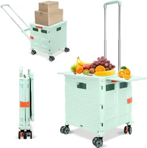 SELORSS Foldable Utility Cart Rolling Crate Handcart Shopping Cart with Rotate Wheels Extended Magnetic Lid Telescoping Handle Adjustable Angle for Transports Groceries Office Teacher File(Green)