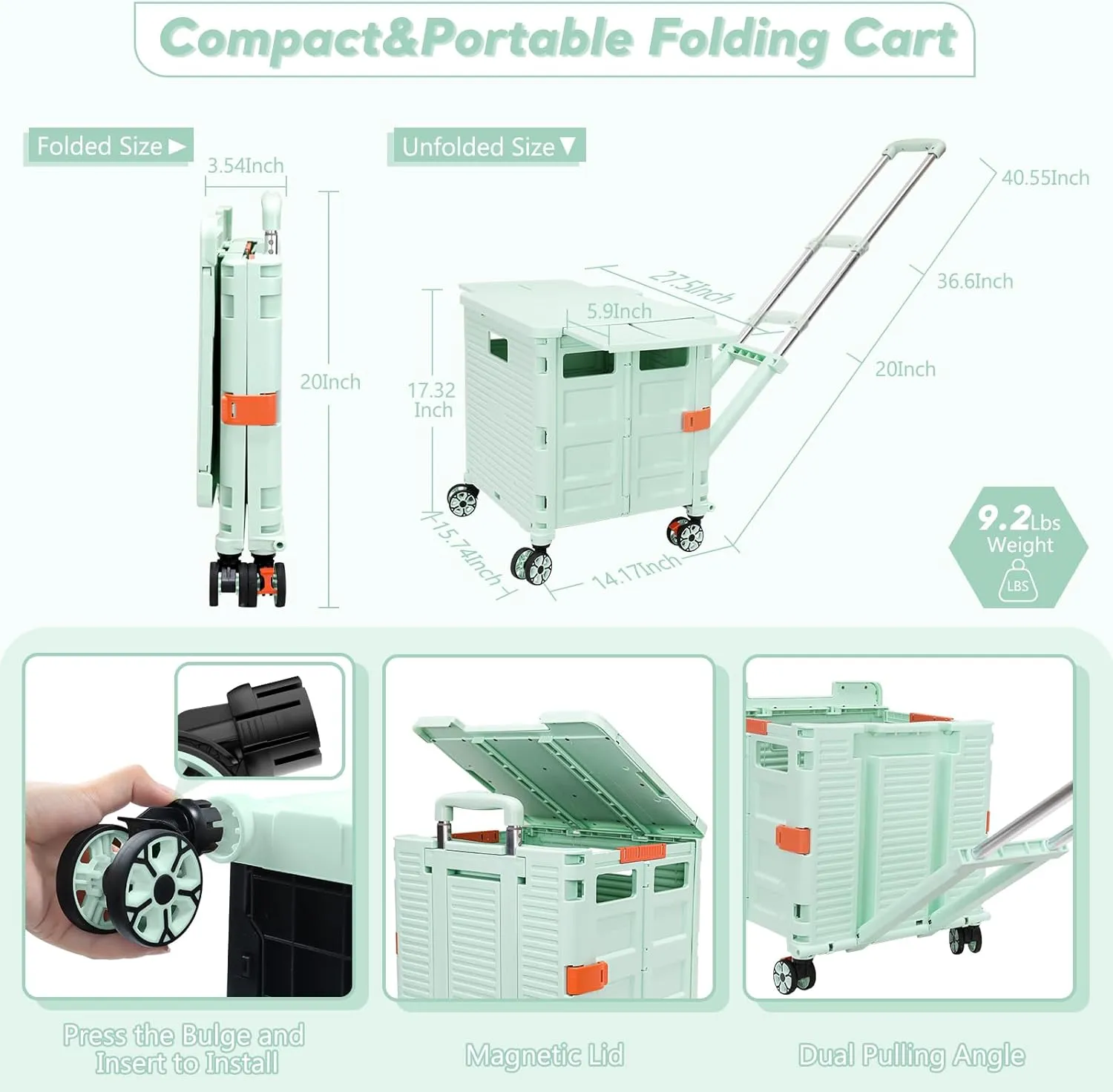 SELORSS Foldable Utility Cart Rolling Crate Handcart Shopping Cart with Rotate Wheels Extended Magnetic Lid Telescoping Handle Adjustable Angle for Transports Groceries Office Teacher File(Green)
