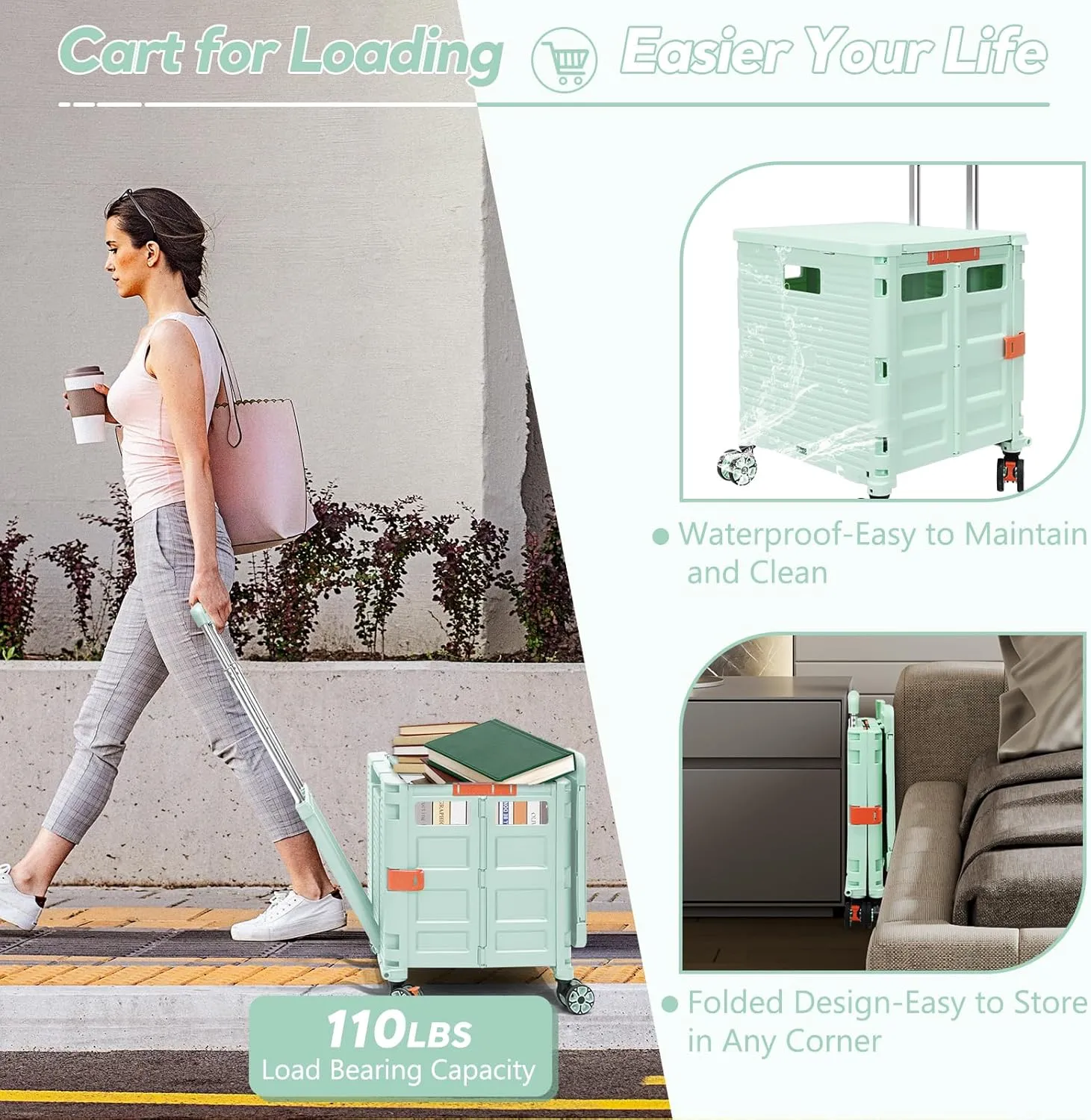 SELORSS Foldable Utility Cart Rolling Crate Handcart Shopping Cart with Rotate Wheels Extended Magnetic Lid Telescoping Handle Adjustable Angle for Transports Groceries Office Teacher File(Green)