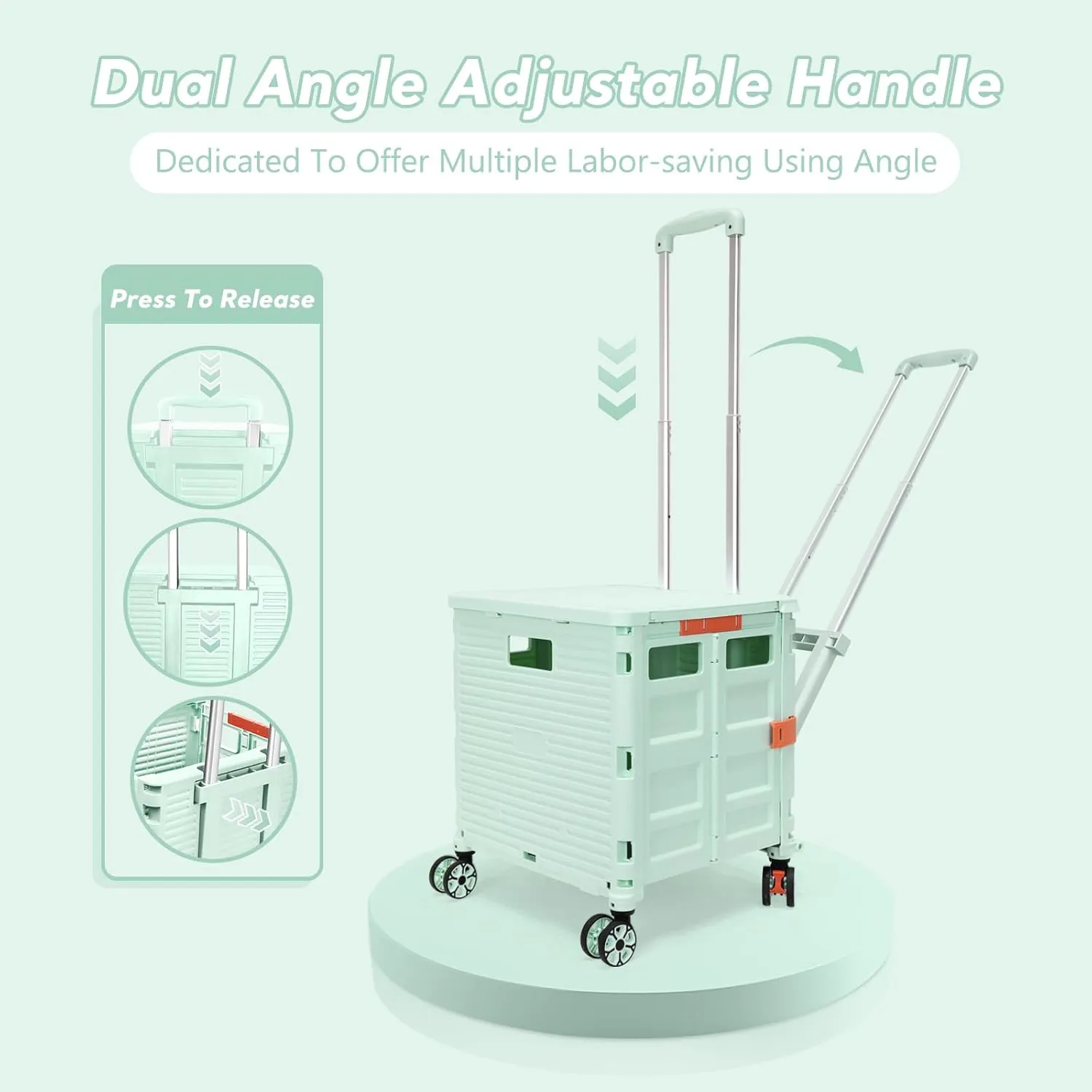 SELORSS Foldable Utility Cart Rolling Crate Handcart Shopping Cart with Rotate Wheels Extended Magnetic Lid Telescoping Handle Adjustable Angle for Transports Groceries Office Teacher File(Green)