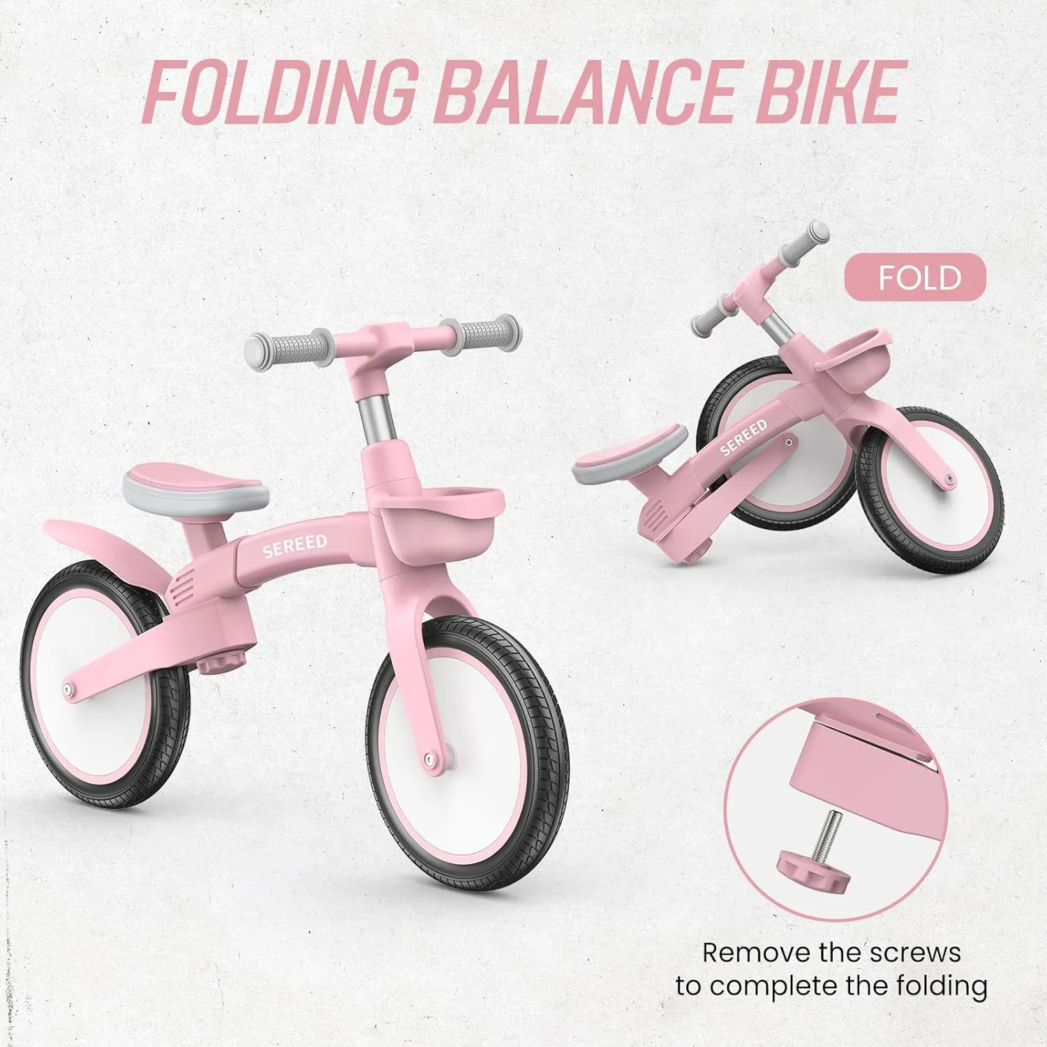 SEREED Toddler Balance Bike 2.5 Year Old, 12 Inch Adjustable Folding Kids Bike Toy with Basket, Birthday Gift for Age 3 4 5 Boys Girls, Tool-Free Assembly, No Pedal (Pink)