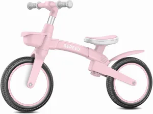SEREED Toddler Balance Bike 2.5 Year Old, 12 Inch Adjustable Folding Kids Bike Toy with Basket, Birthday Gift for Age 3 4 5 Boys Girls, Tool-Free Assembly, No Pedal (Pink)