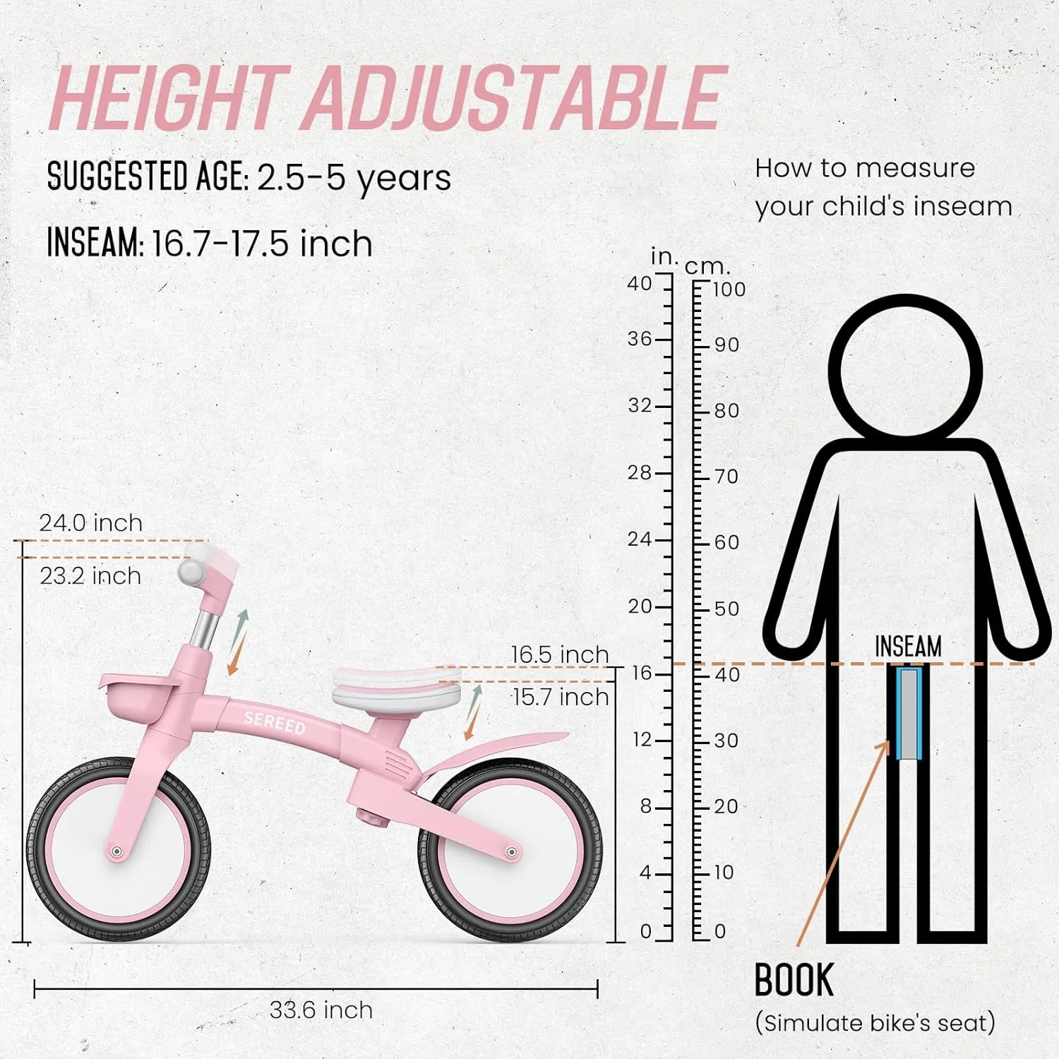 SEREED Toddler Balance Bike 2.5 Year Old, 12 Inch Adjustable Folding Kids Bike Toy with Basket, Birthday Gift for Age 3 4 5 Boys Girls, Tool-Free Assembly, No Pedal (Pink)