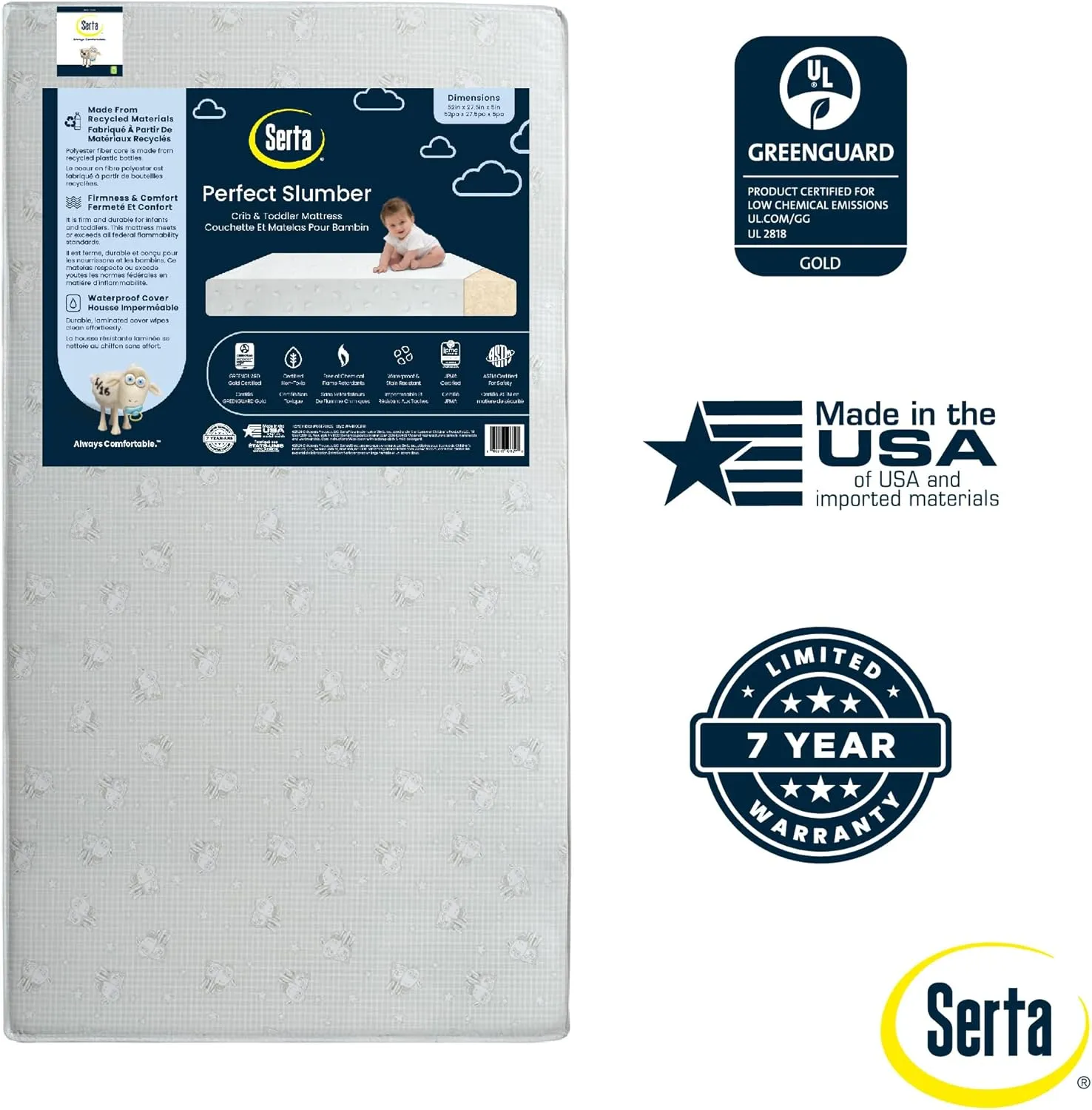 Serta Perfect Slumber Dual Sided Crib and Toddler Mattress - Waterproof - Hypoallergenic - Premium Sustainably Sourced Fiber Core -GREENGUARD Gold Certified (Non-Toxic) -7 Year Warranty - Made in USA