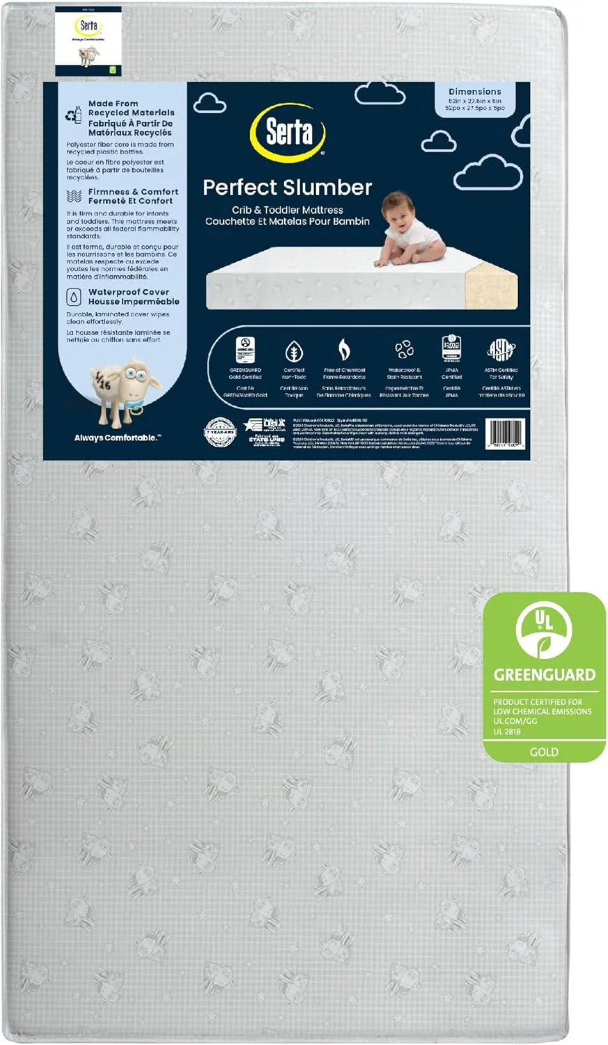 Serta Perfect Slumber Dual Sided Crib and Toddler Mattress - Waterproof - Hypoallergenic - Premium Sustainably Sourced Fiber Core -GREENGUARD Gold Certified (Non-Toxic) -7 Year Warranty - Made in USA