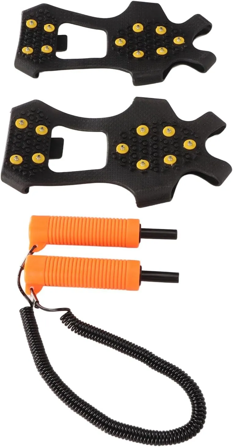 Shoe Spikes Ice Grip, Ergonomic Handle ABS Stainless Steel Rubber Practical Retractable Ice Awls with Whistle for Winter Outdoor Sports