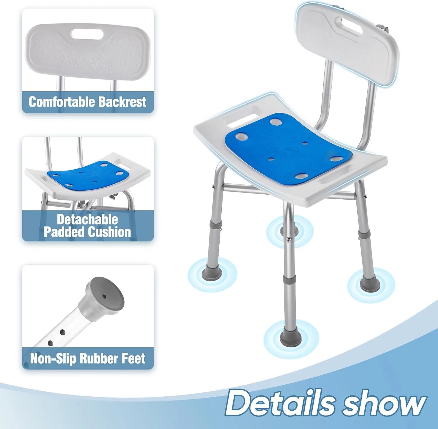 Shower Chair for Inside Shower - Height Adjustable Shower Seat with Back, Tool Free Assembly Bathroom Stool, Anti Slip Resistant Shower Chair for Elderly and Disabled