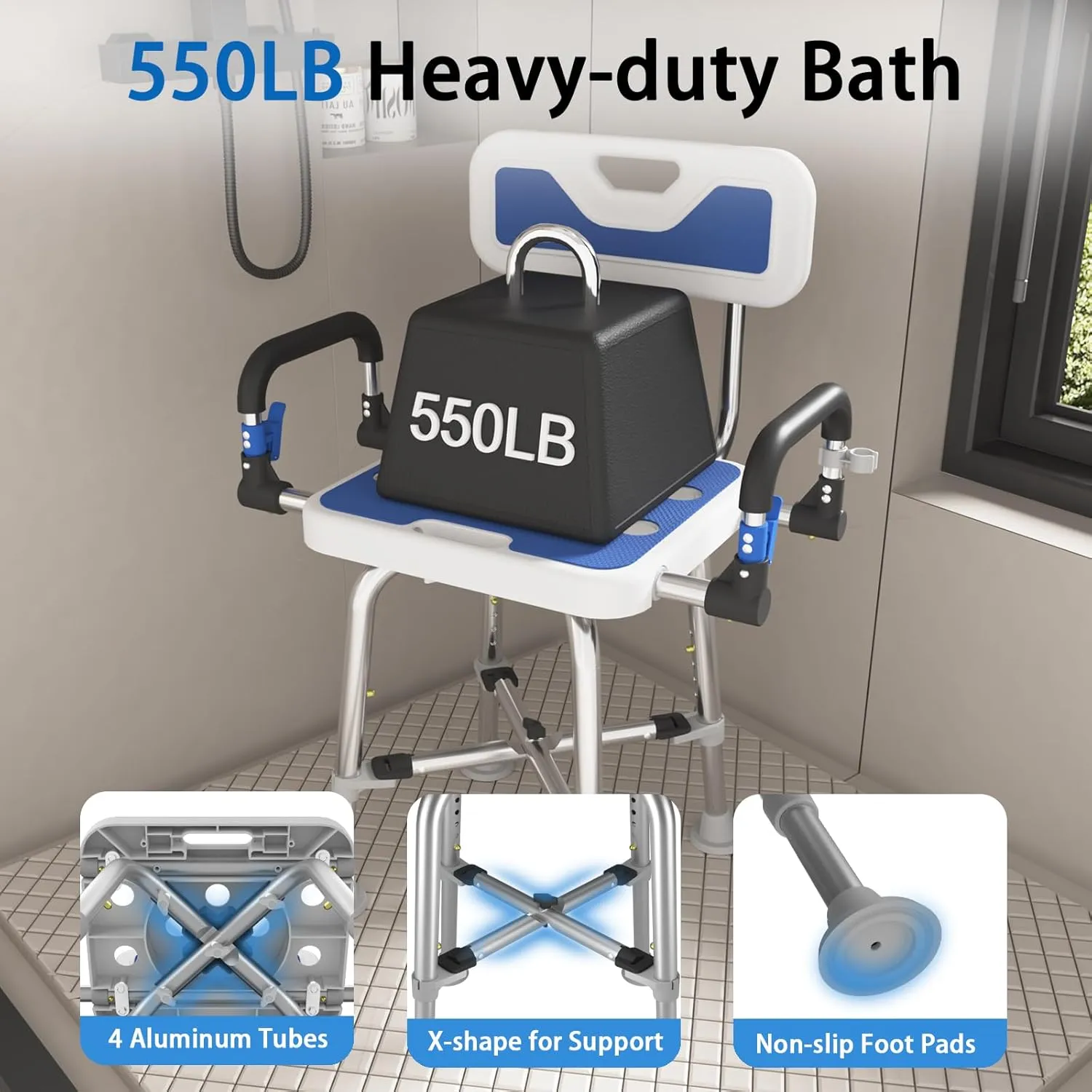 Shower Chair with Arms and Back for Seniors Elderly Handicap Disabled Or Bariatric Adults Heavy Duty 500 Lbs Adjustable Stool Bench Seat for Inside Shower Stall and Bathroom Bath Tub Chairs