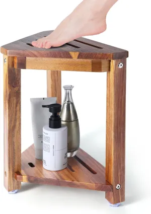 Shower Foot Rest 13.5in, Acacia Wood Shower Stool for Shaving Legs, Small Foot Stool with Storage Shelf, for Inside Small Shower Spaces