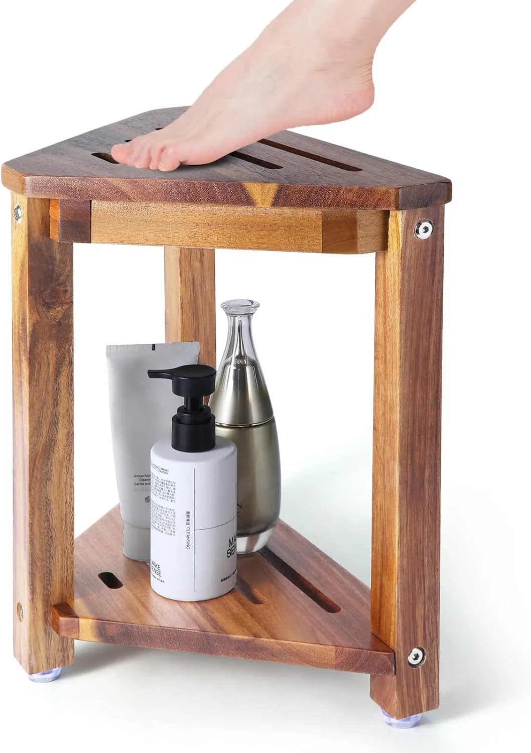 Shower Foot Rest 13.5in, Acacia Wood Shower Stool for Shaving Legs, Small Foot Stool with Storage Shelf, for Inside Small Shower Spaces