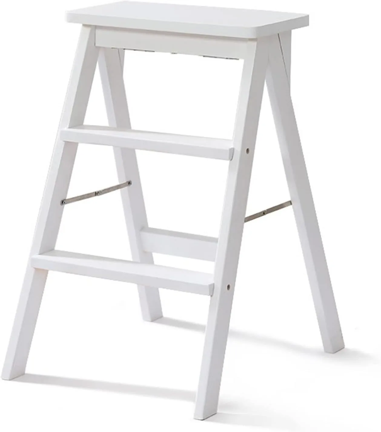 SHU Multifunctional Home bar high Stool Foldable Solid Wood Stool Portable Climbing Ladder 64 × 42 × 48 cm (Color : White)