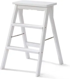 SHU Multifunctional Home bar high Stool Foldable Solid Wood Stool Portable Climbing Ladder 64 × 42 × 48 cm (Color : White)