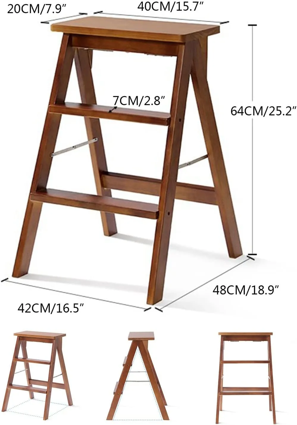 SHU Multifunctional Home bar high Stool Foldable Solid Wood Stool Portable Climbing Ladder 64 × 42 × 48 cm (Color : White)